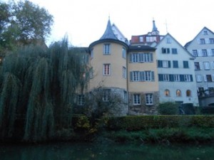 View from the Neckar river on the tower, where the poet Hölderlin lived for 37 years. Picture taken from the session on a punting boat.